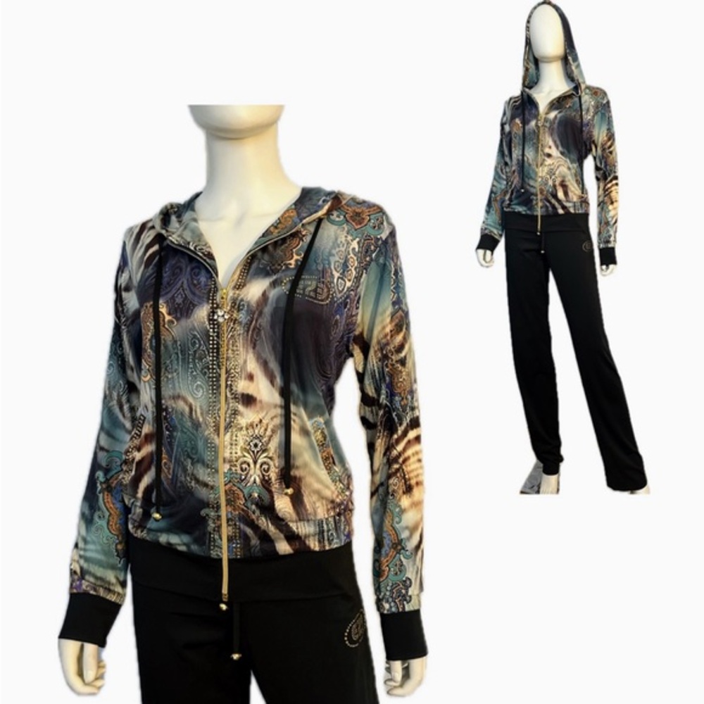 NWT WOMEN'S LYCRA TRACKSUIT 2PC SET HOODED‎ JACKET/BLACK PANTS ZIPED LOUNGEWEAR